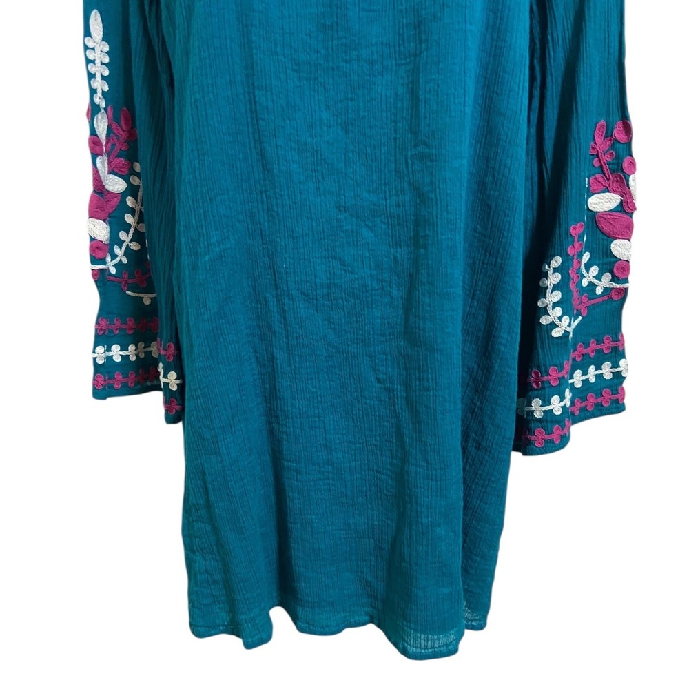 Umgee Teal Blue Embroidered Bell Sleeve Boho Shift Dress Peasant Hippie Gypsy M - Picture 9 of 9